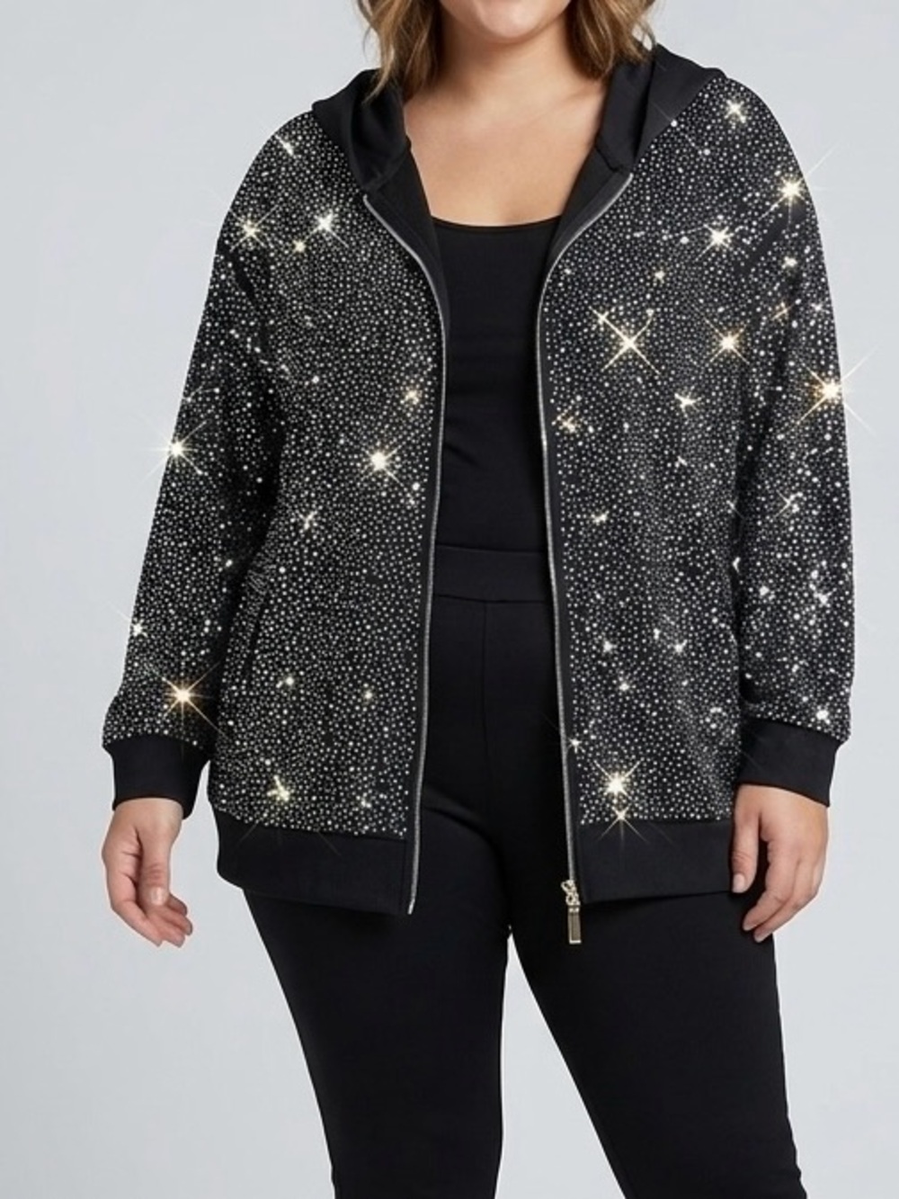 Phoebe J. Collection Black Rhinestone Bling Full Zip Hoodie Jacket Sparkle